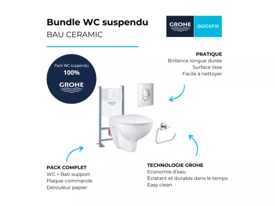 Pack WC sans bride Bau Ceramic avec abattant slim + Bâti support WC Rapid SL + plaque de commande Start chromé + dérouleur