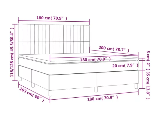 Sommier tapissier matelas et LED Gris clair 180x200 cm Velours