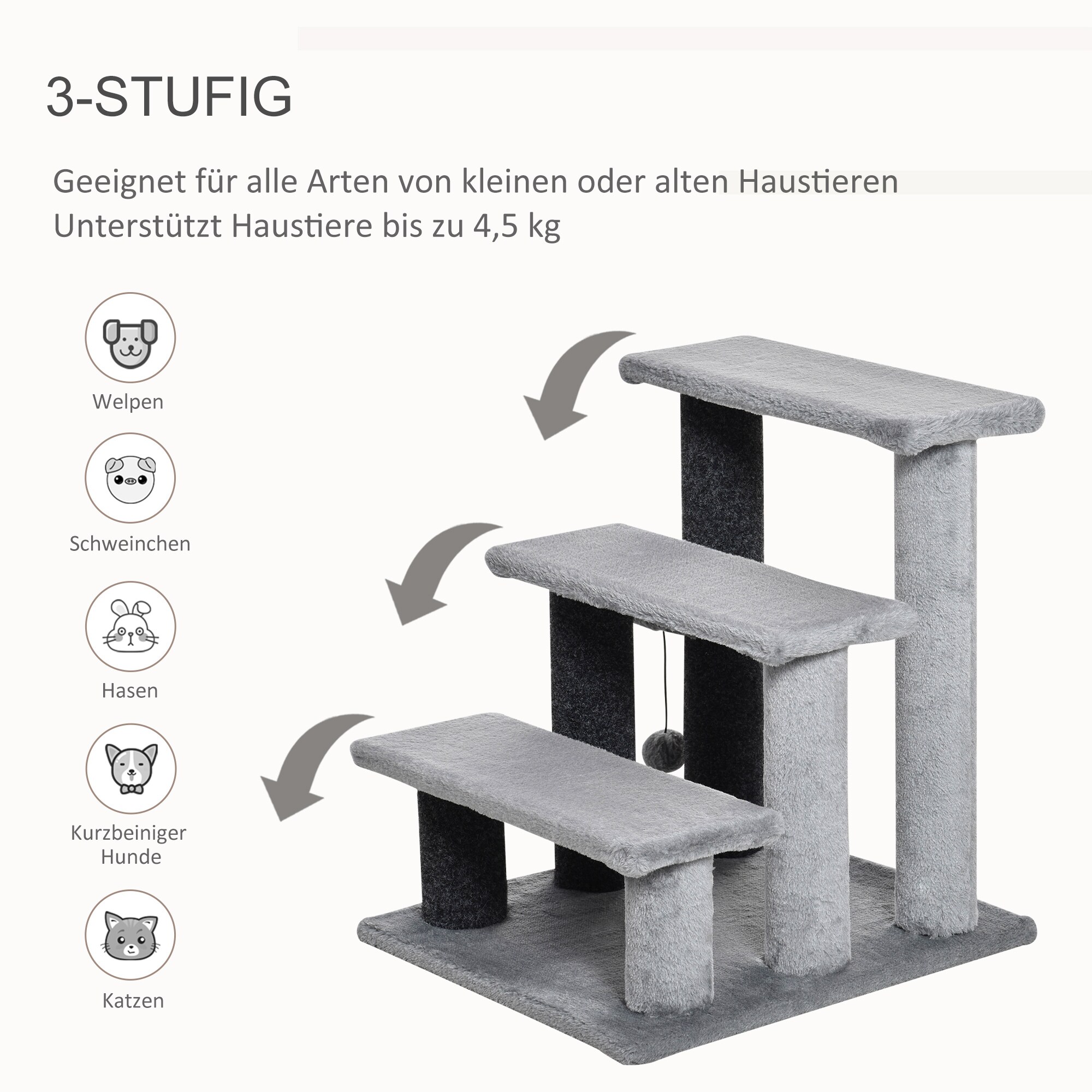 PawHut Haustiertreppe mit Kratzsäulen grau 45 x 40 x 48 cm (LxBxH)