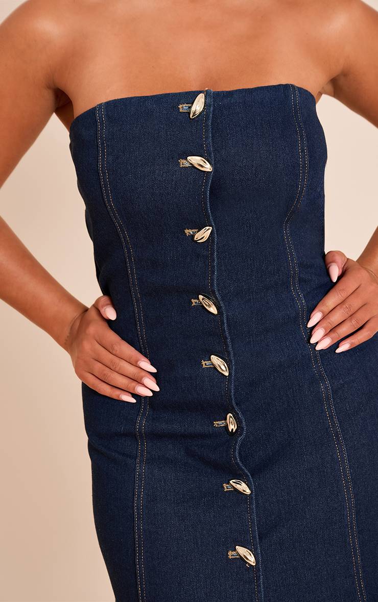 Bleu Indigo Robe Mini Bandeau En Denim Stretch Ajusté Avec Boutons Dorés