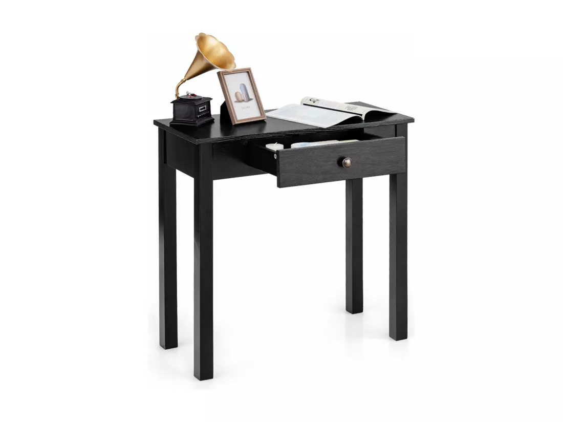 Table console avec tiroir, table de chevet avec pieds en bois massif, marron/noir (noir)