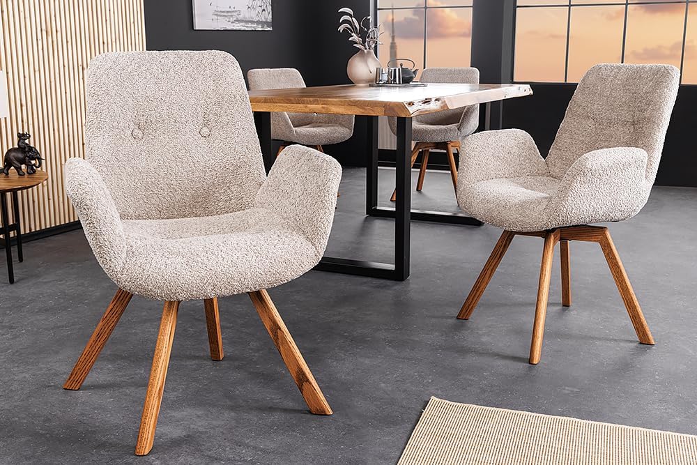 Riess Ambiente Drehbarer Stuhl Baltic - beige Natur - Bouclé Stoff Eiche Massivholz - Esszimmerstuhl mit Armlehne Schaumstoff-Polsterung