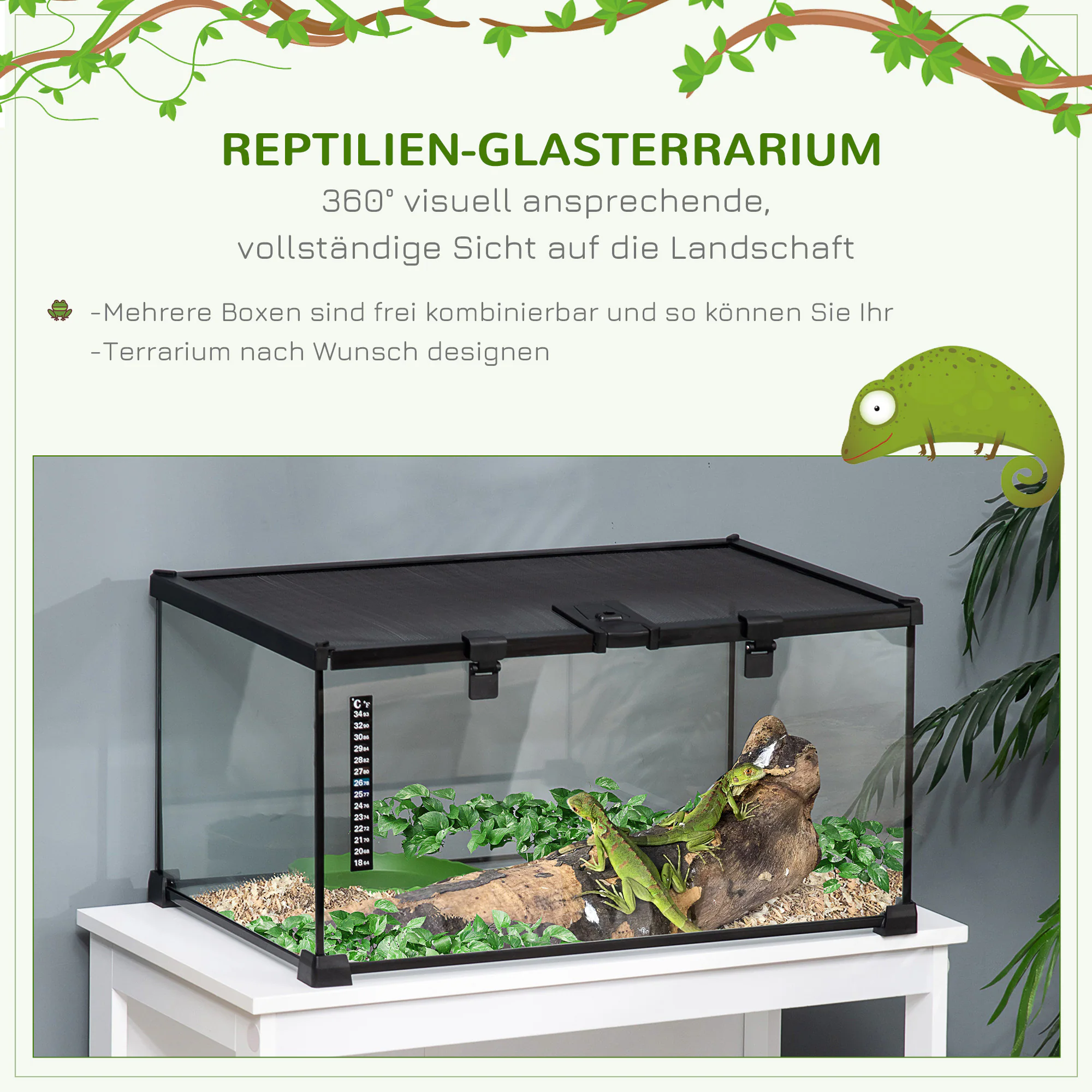 PawHut Terrarium mit abschließbarem Meshdeckel schwarz 50L x 30B x 25H cm