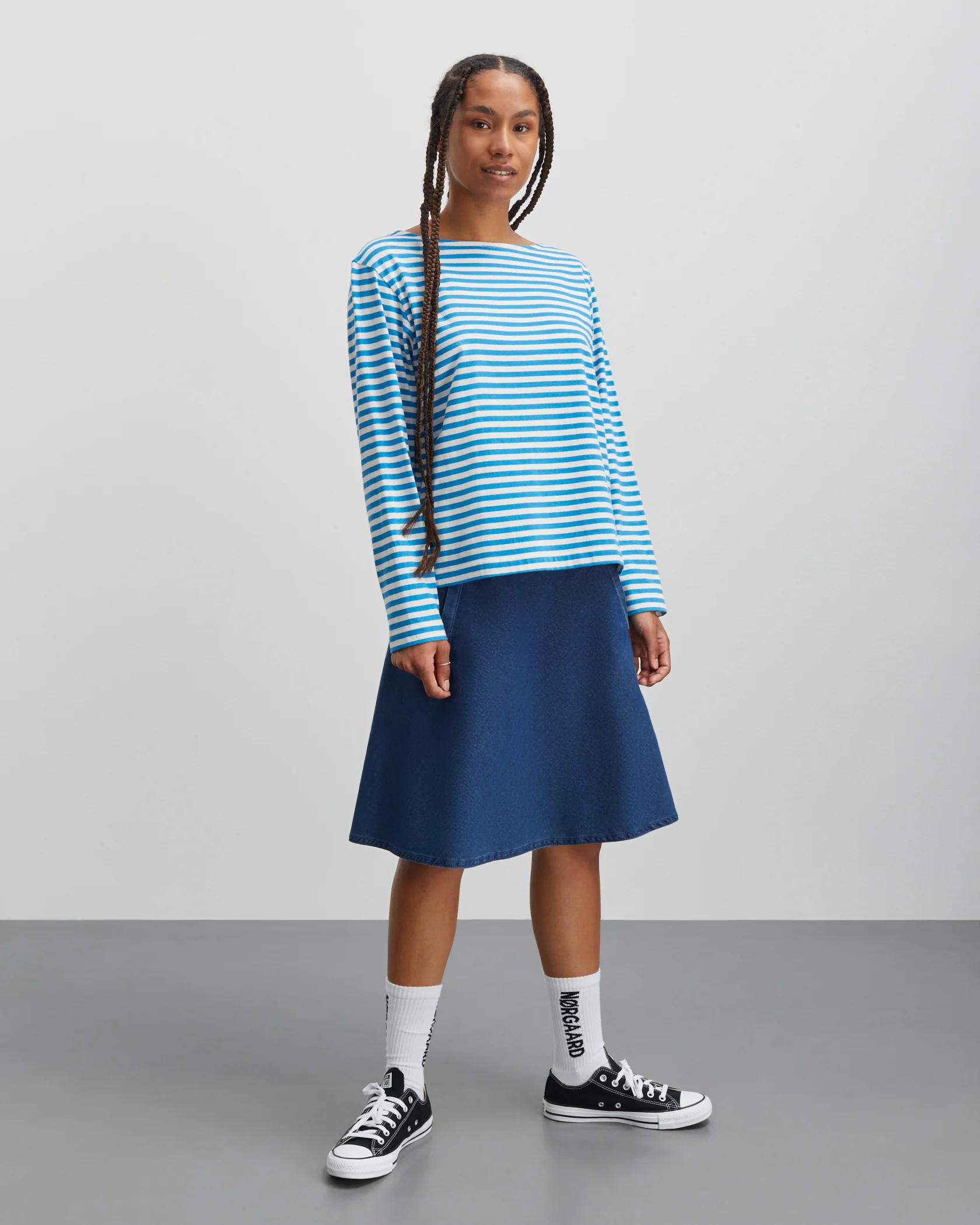 Mads Nørgaard  Soft Single Silke langærmet t-shirt - Mediterrenean Blue/Snowhite