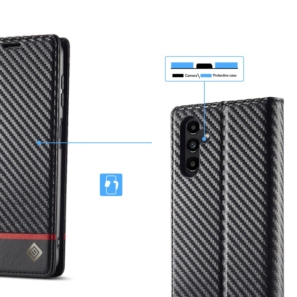 Samsung Galaxy A55 Leder Tasche Flip Cover Carbon Look - Schwarz / Rot