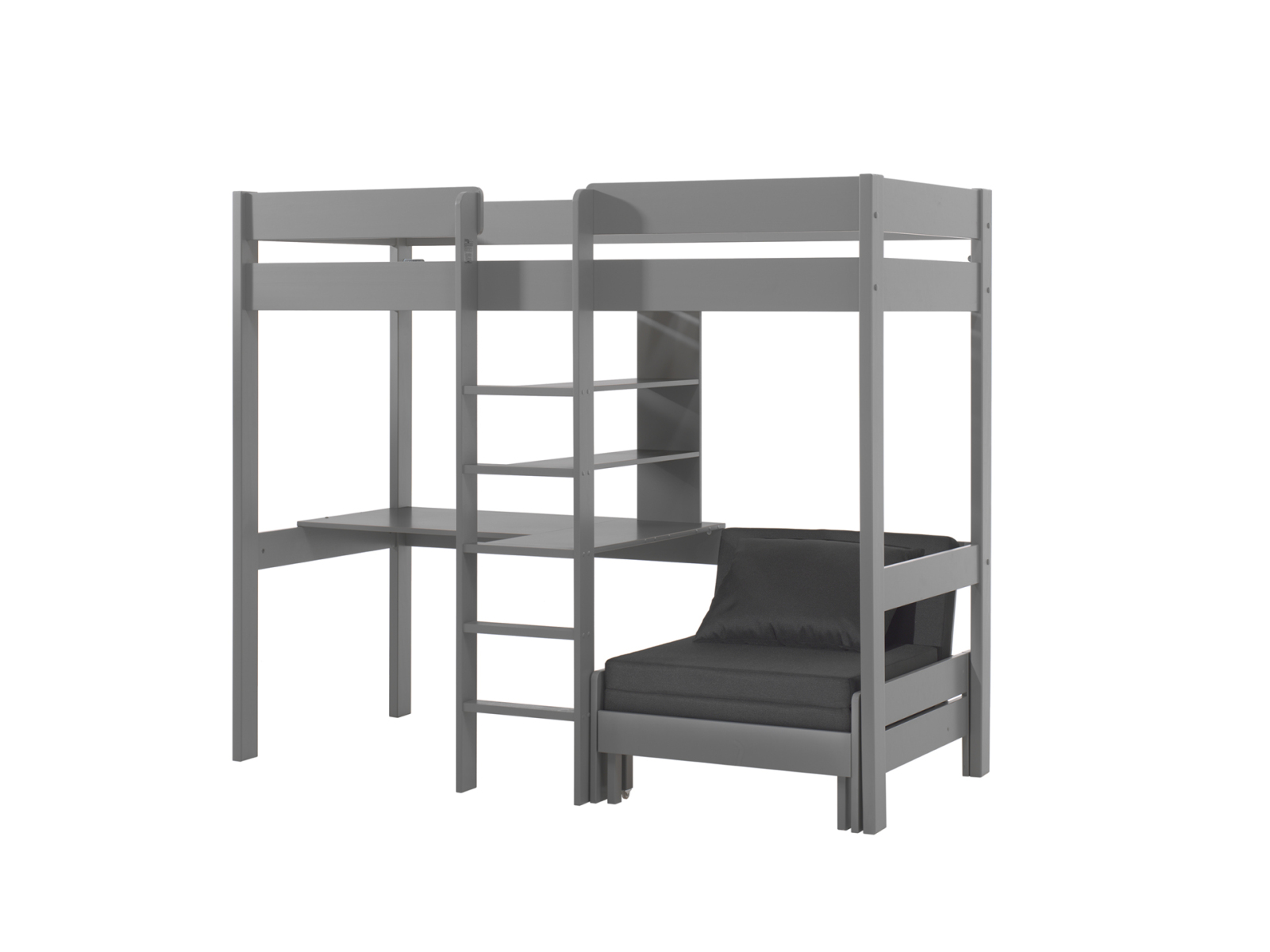 Hochbett PINO - grau - Kiefer massiv - Schreibplatte und Schlafsessel - 90x200 cm