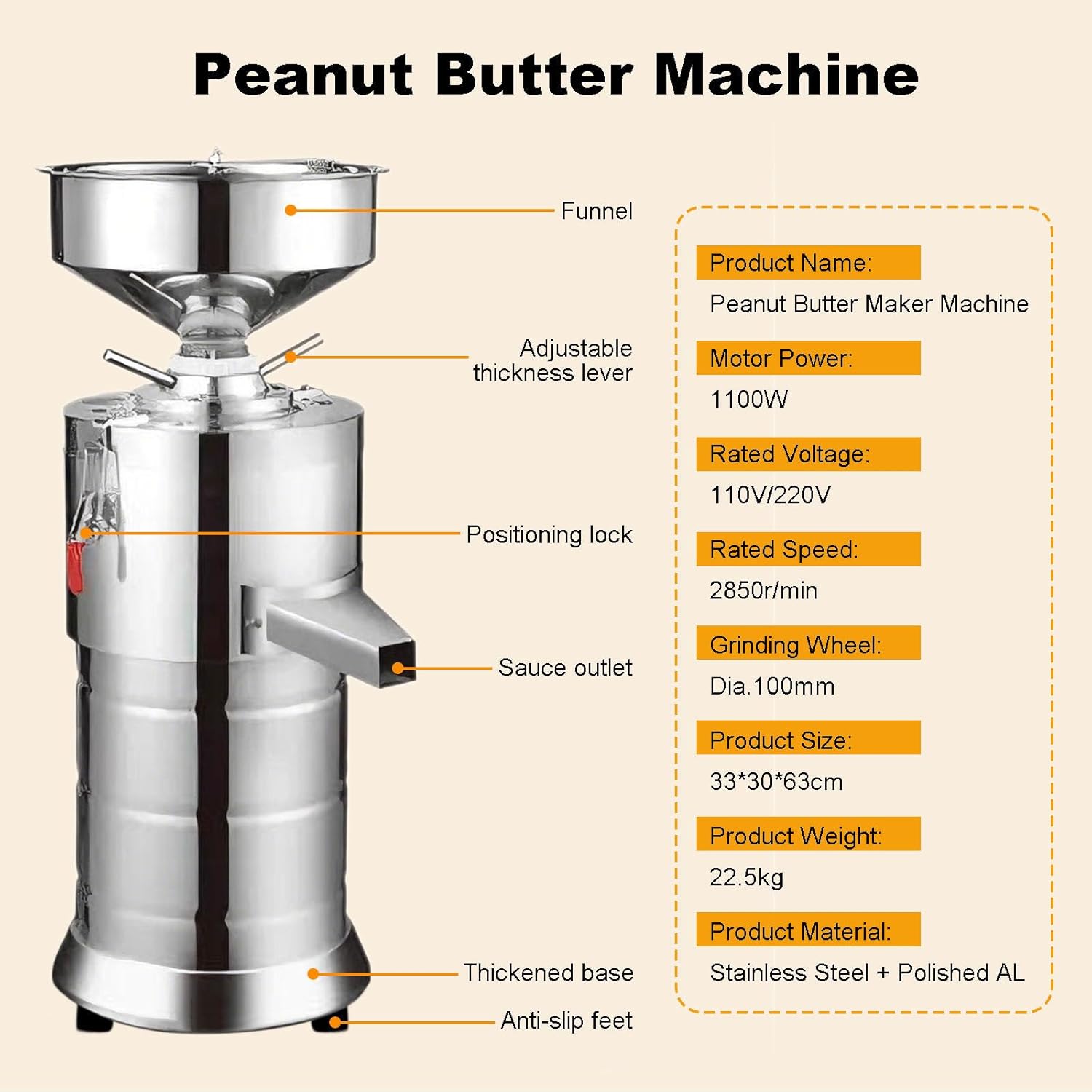 1100W Elektrische Erdnussbutter-Maschine zum Mahlen von Mandeln, Cashewnüssen & Sesam | 15 kg/h Hohe Leistung & Einstellbare Konsistenz | Sicherheitssperre & Einfach zu Reinigender Edelstahl