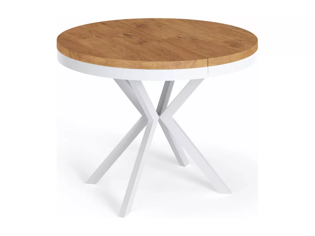 Table à Manger Extensible Ronde - Table Style Loft Avec Pieds En Métal Blancs - 90 à 170 Cm - Table Ronde Style Industriel Pour Le Salon - Compacte - 90 Cm - Chêne