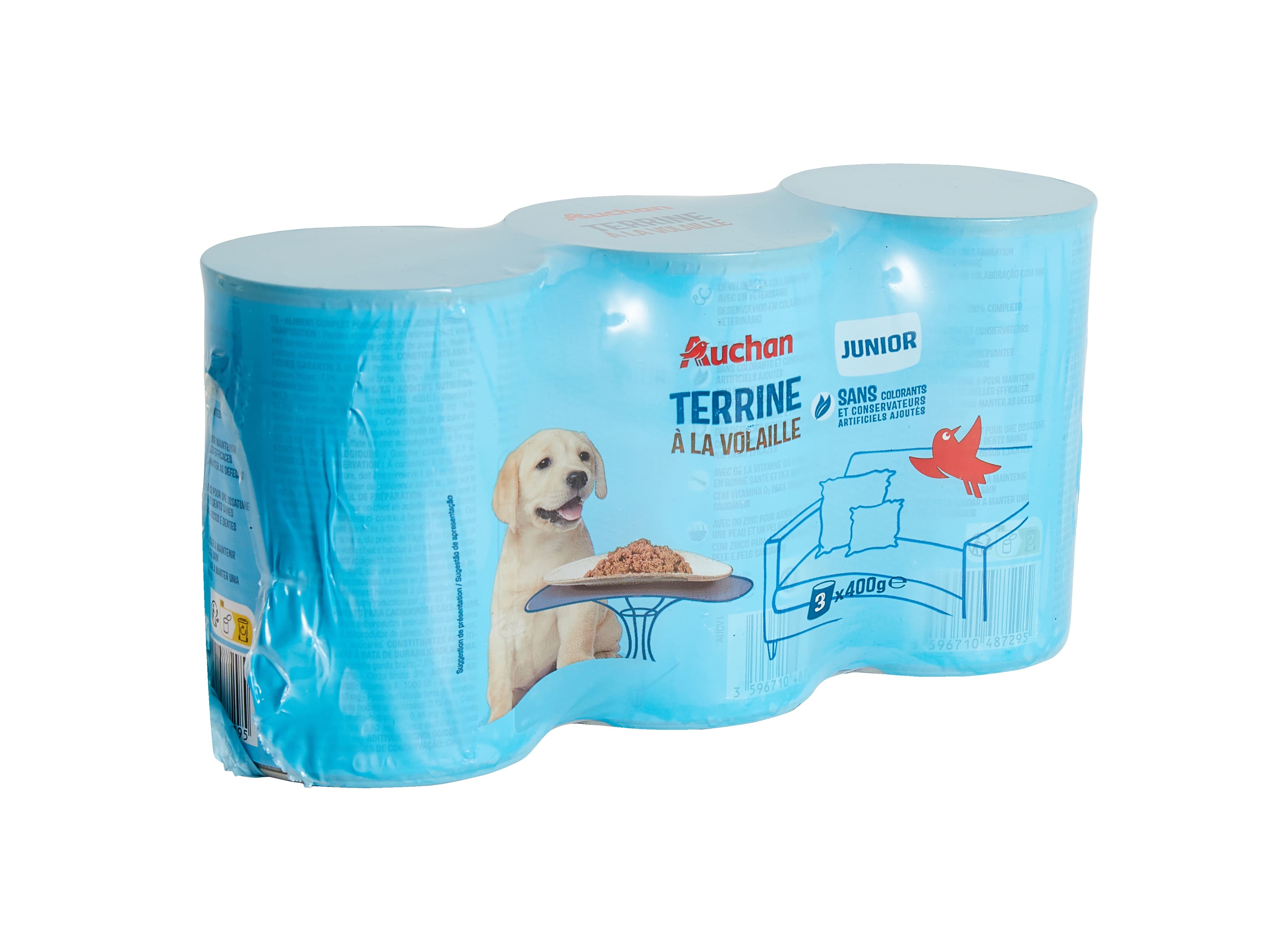 COMIDA HÚMIDA PARA CÃO AUCHAN JÚNIOR TERRINA AVES 3X400G