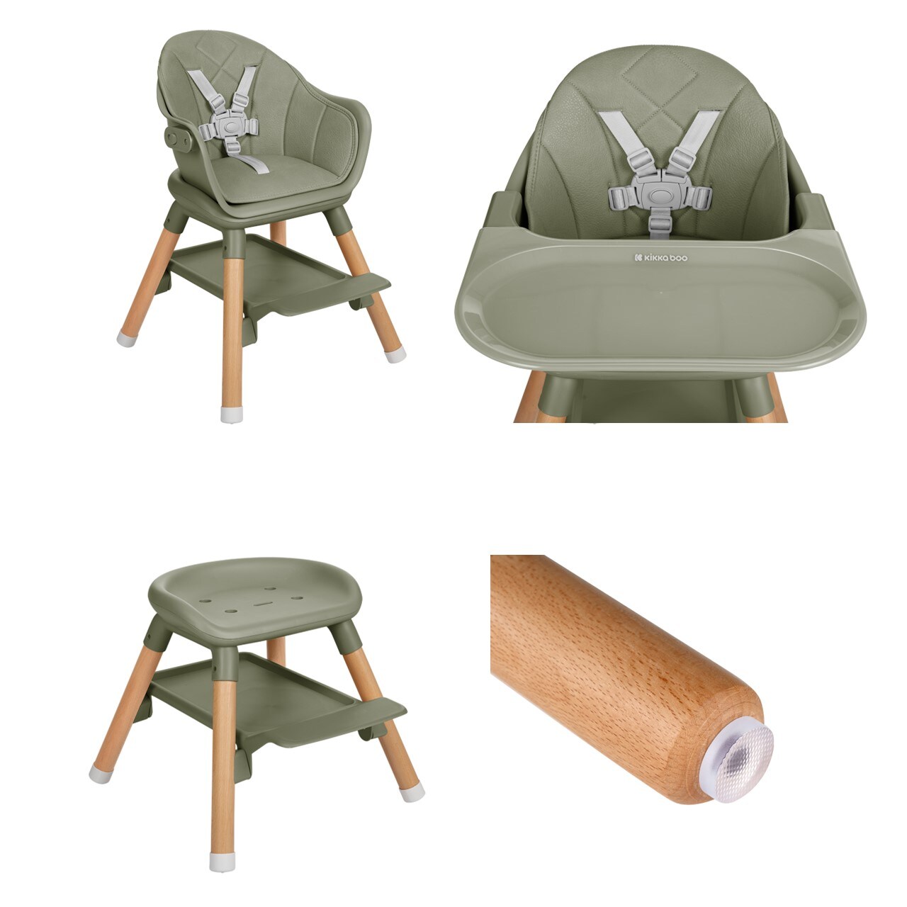 Kikkaboo Kinderhochstuhl Woody 3 in 1 Holzbeine Kinderstuhl Fußstütze Tablett grün