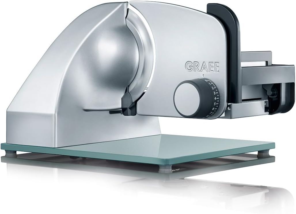 GRAEF. Master M20 - Elektrischer Allesschneider, Made in Germany, Vollstahlmesser Ø 170 mm für feinste Schnitte, Schnittstärke 0-20 mm, Kondensatormotor 170 W, Vollmetall, Schneidemaschine, Silber