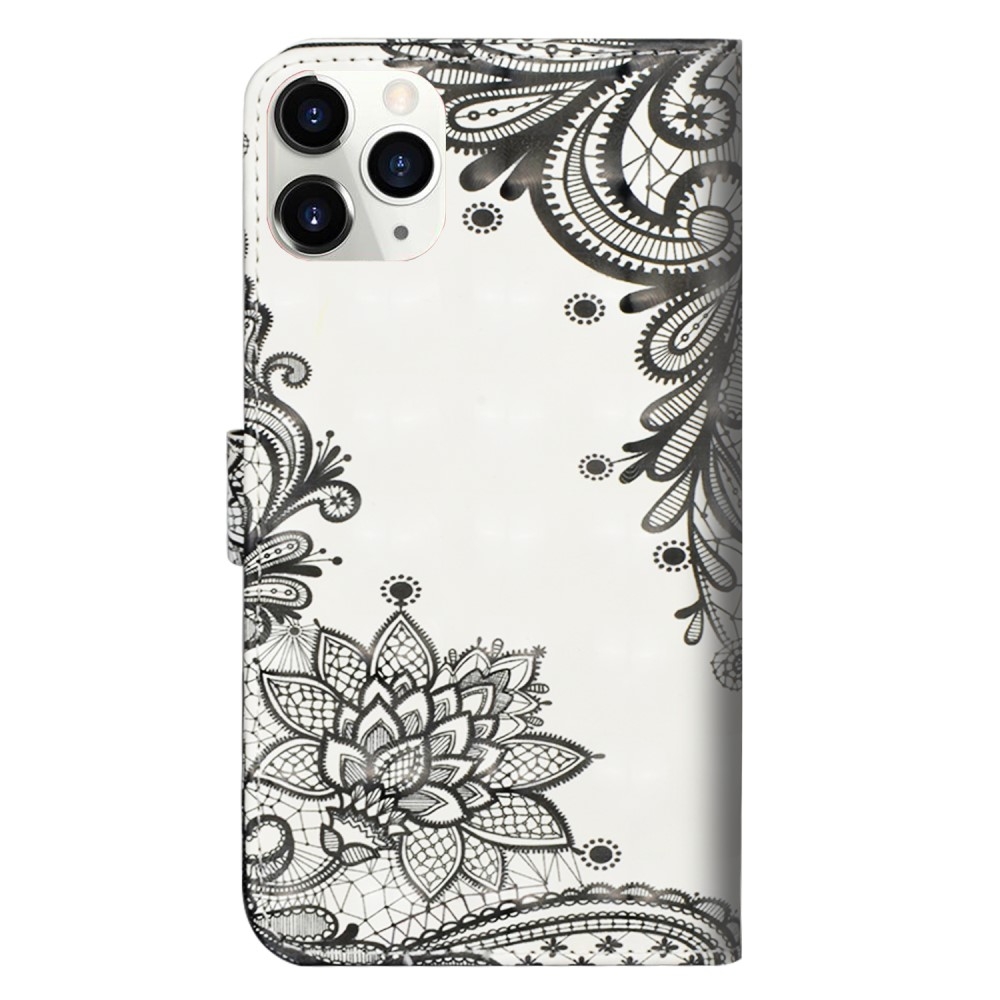 iPhone 12 / iPhone 12 Pro Leder Tasche mit Kartenfach   Handschlaufe - Blumen Mandala (Weiss)
