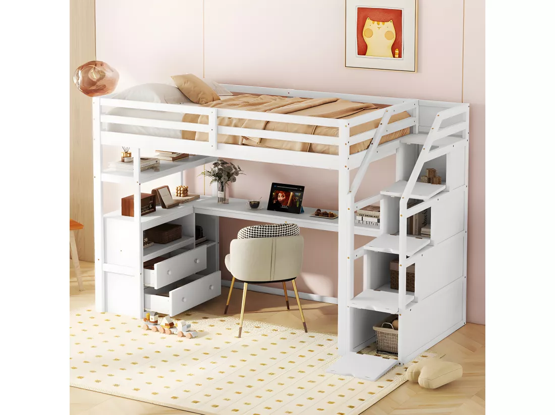 Lit mezzanine 90x200 cm - avec bureau et échelle de rangement - Blanc