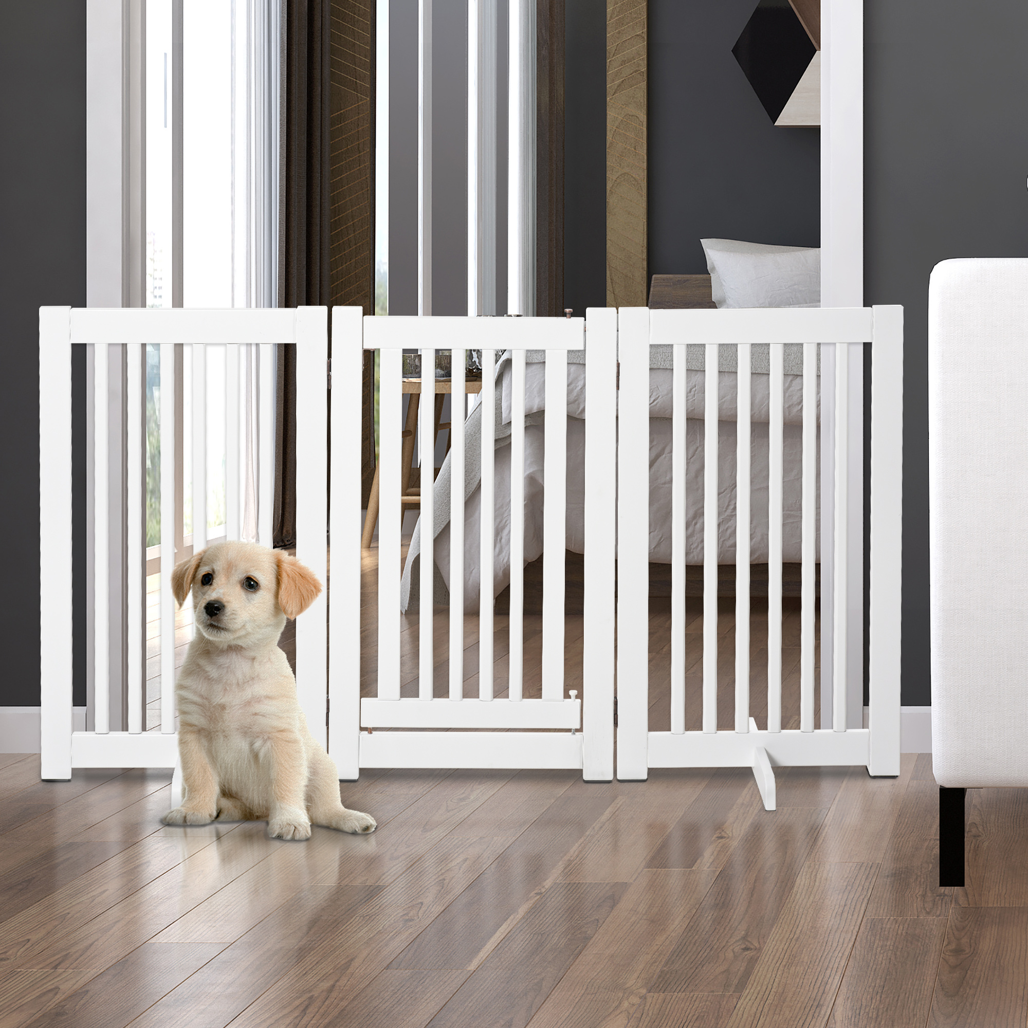 Portão de madeira para cães PawHut, cerca dobrável para animais de estimação com 3 painéis, 1 porta e pés de apoio para corredor ou escadas, 155 x 35,5 x 76 cm, branco