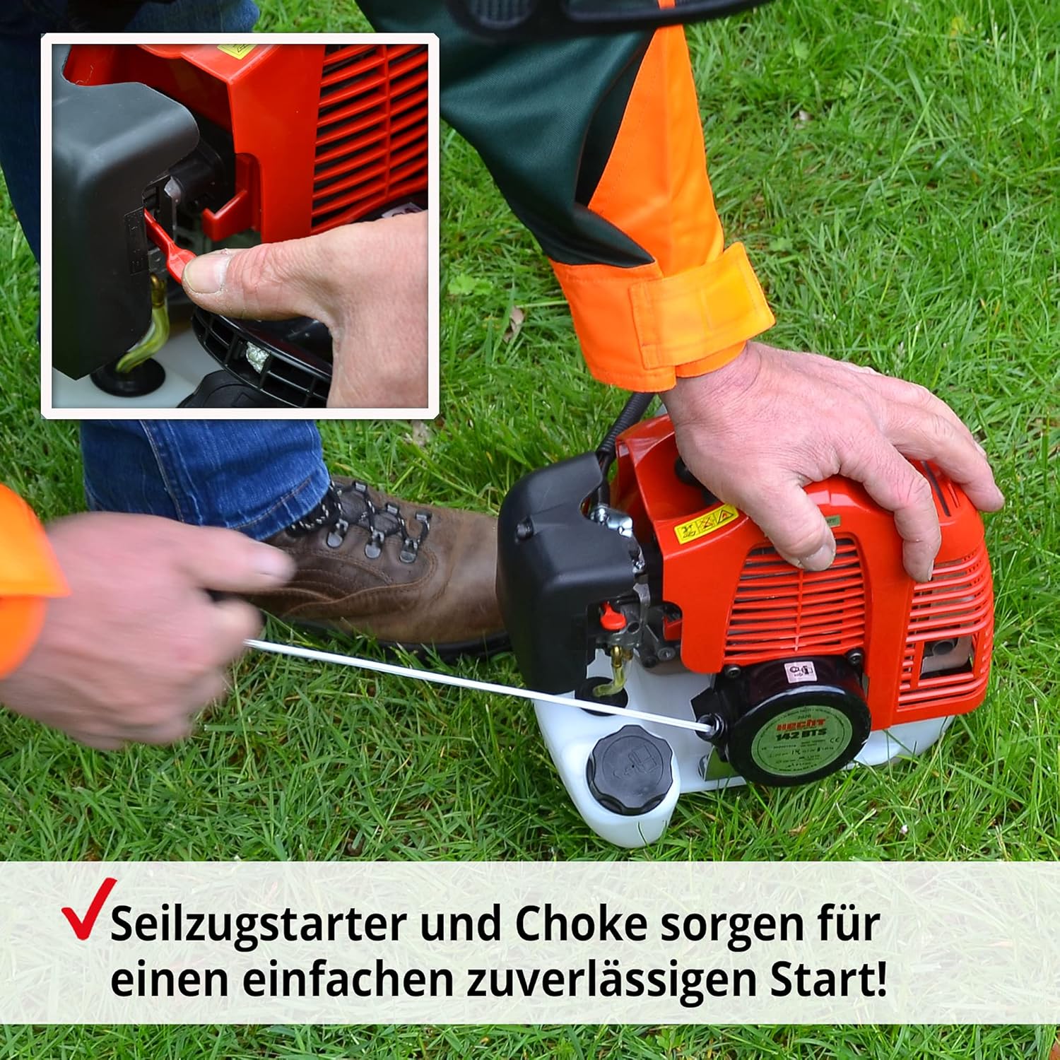 HECHT Benzin Freischneider Motorsense mit 2-Takt-Motor mit 2 PS – 43 cm und 25,5 cm Schnittkreis – inklusive Doppel Faden Spule und Metallmesser, Komfort-Tragegurt, Lenkradgriff – Antivibrationsgriff