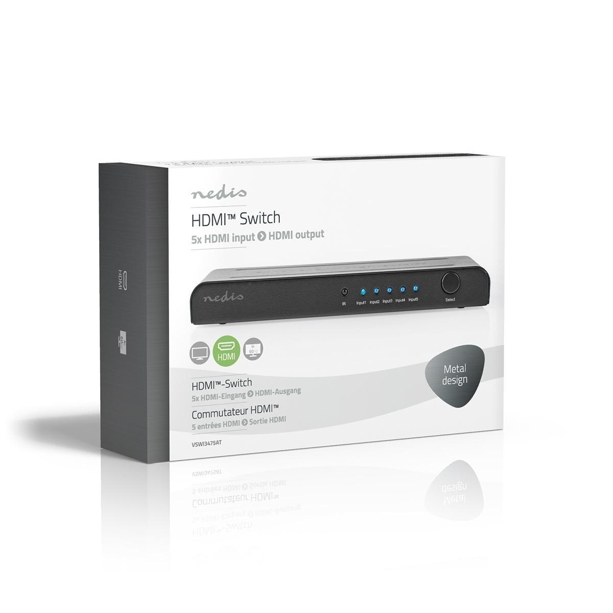 Nedis HDMI ™ Switch | 5-Port port(s) | 5x HDMI™ Inngang | 1x HDMI ™ -utgang | 4K@60Hz | 18 Gbps | Fjernstyrtkontrolert | Metall | Antrasitt