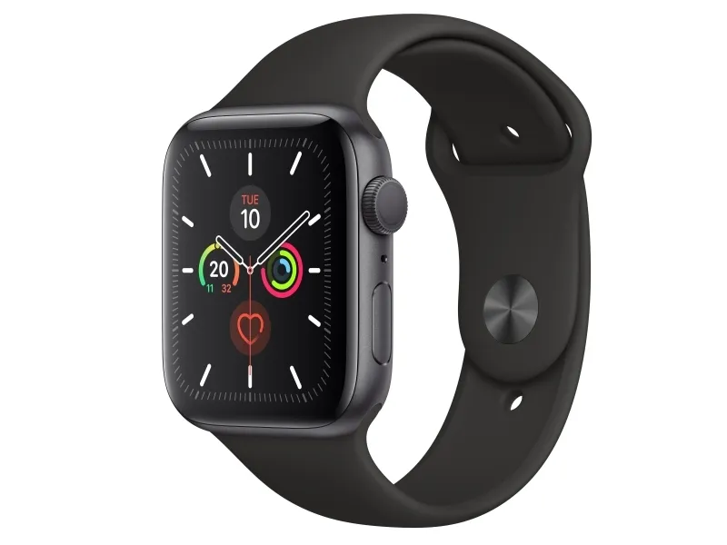[OUTLET] - Apple Watch Series 5 (GPS) - 44 mm - rumgråt aluminium - smart ur med sportsbånd - fluoroelastomer - sort - båndstørrelse 140-210 mm - S/M/L - 32 GB - Wi-Fi, Bluetooth - 36.5 g
