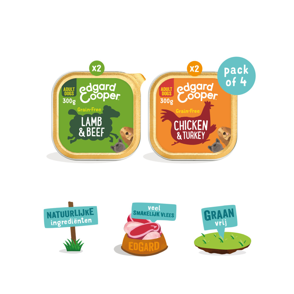 Edgard & Cooper Hondenvoer Multipack Kip - Kalkoen en Lam - Rund4 x 300 gr