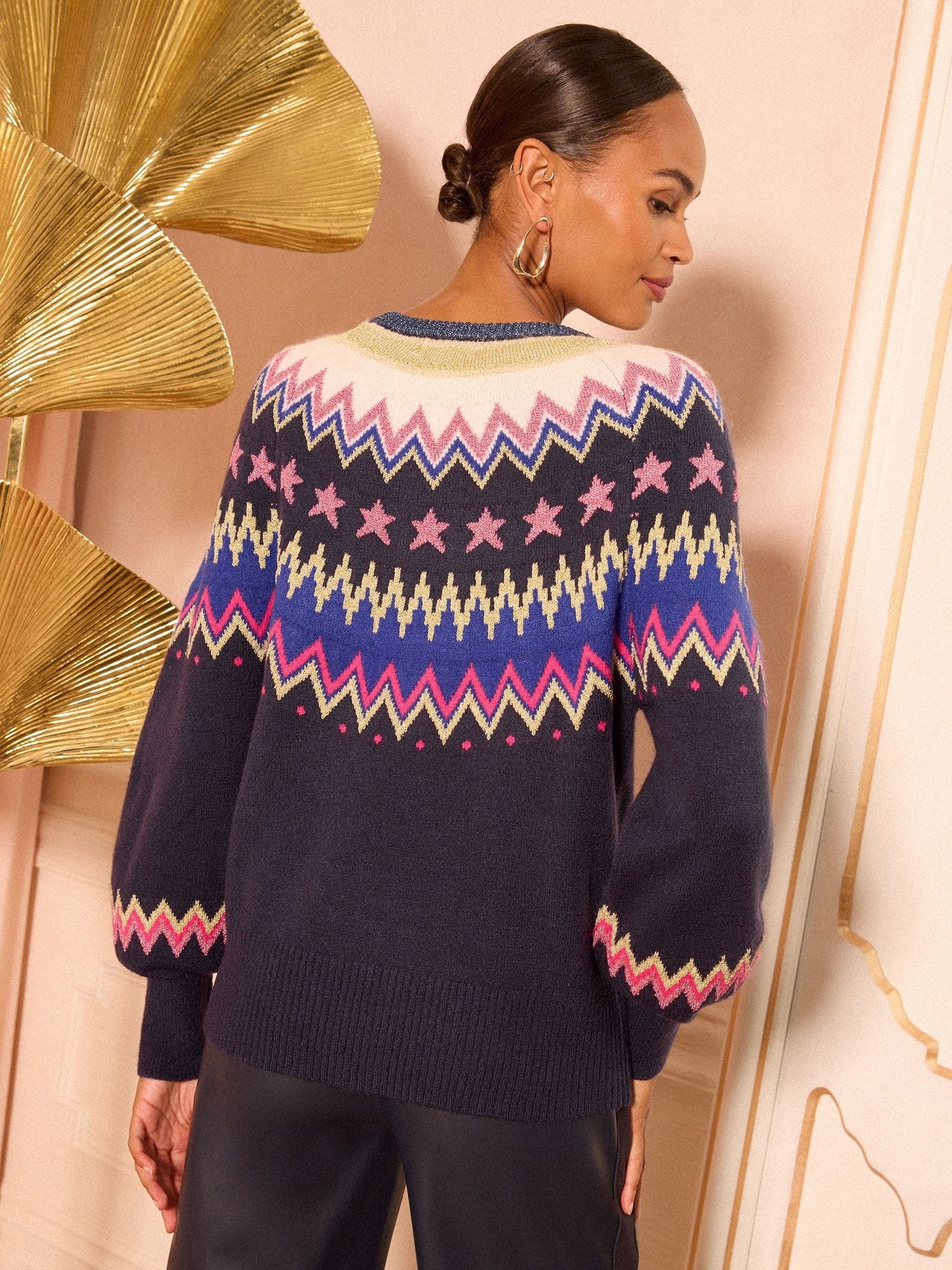 Marineblauw lurex fairisle - Love & Roses Christmas Pattern Crew Neck Cosy Jumper