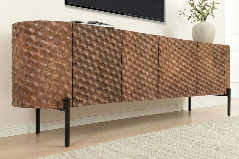 Massives TV-Board ADLON 160cm braun Mangoholz schwarz Metall Lowboard mit 3D- Front