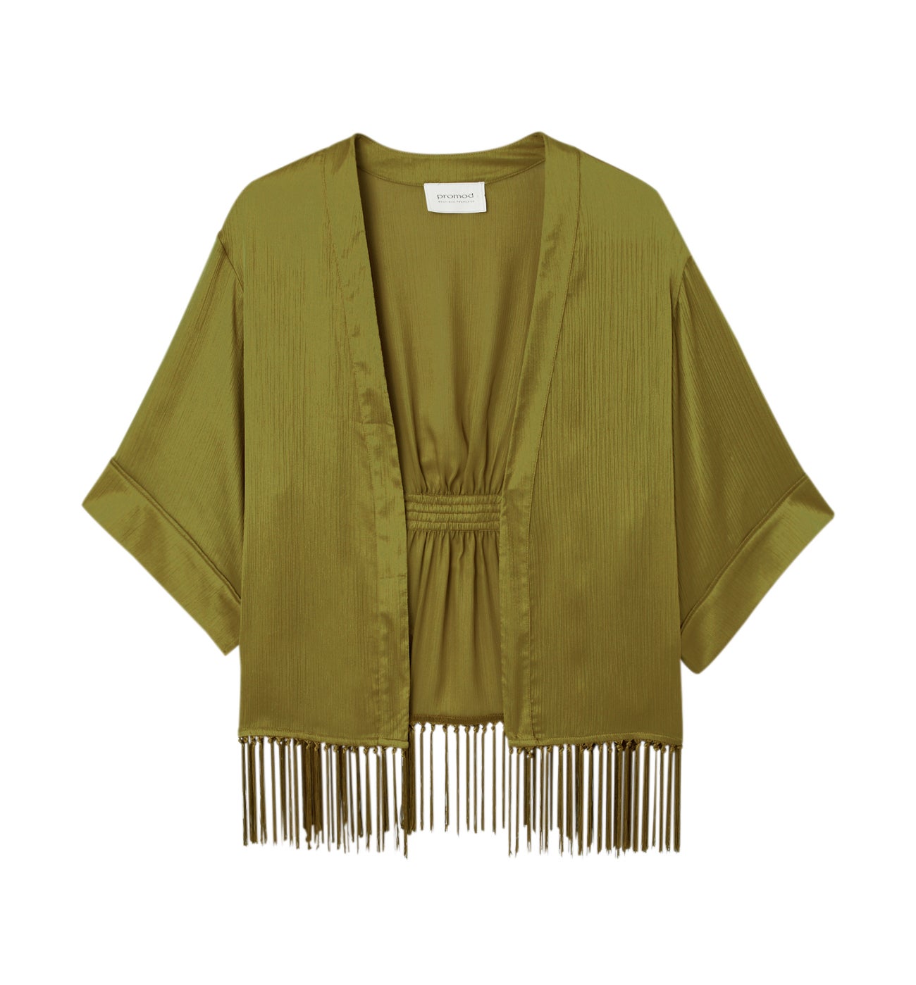 Veste kimono soyeuse à franges - Vert olive