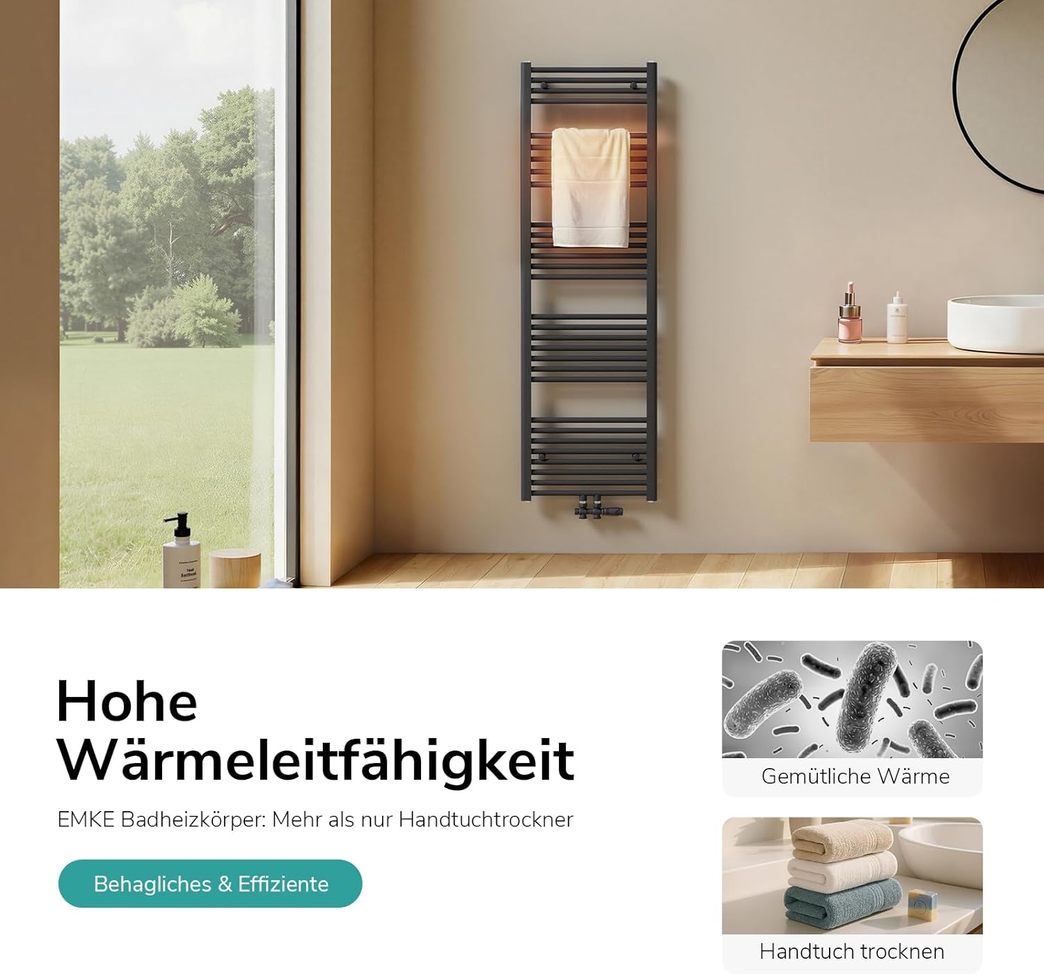 EMKE Badheizkörper Gerade 160x60 cm - Handtuchheizkörper mit Mittelanschluss, Effizienter Handtuchwärmer Handtuchtrockner Handtuch Heizkörper Bad, Anthrazit, 762W