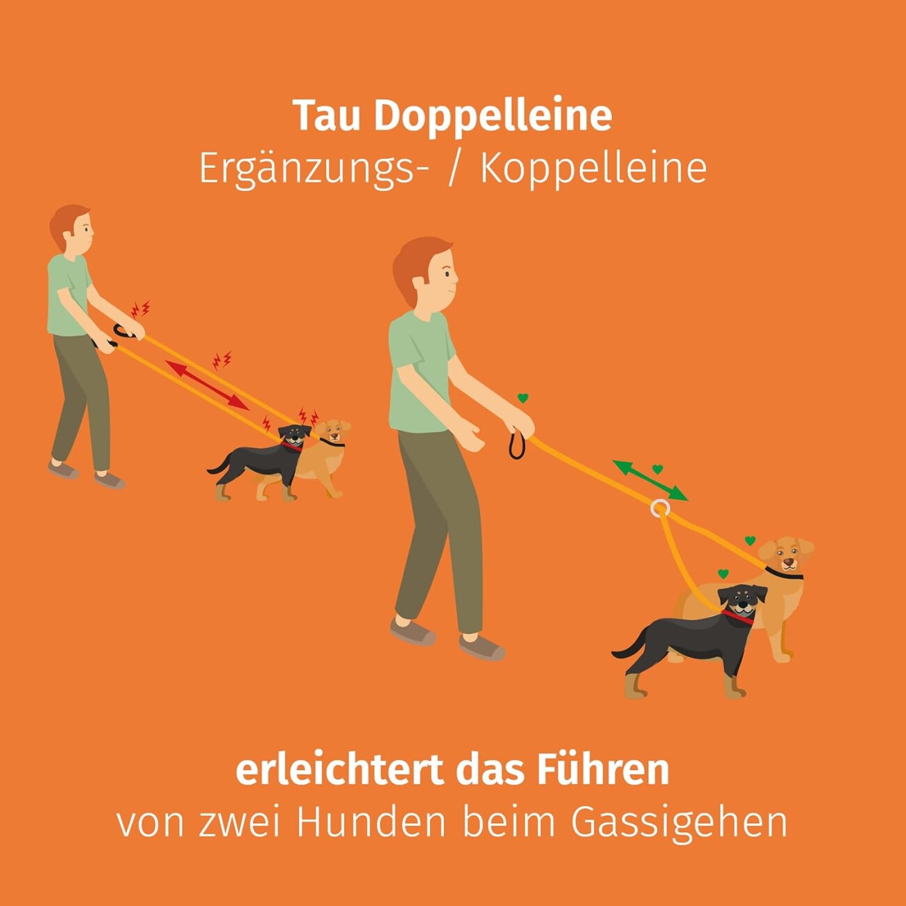 Floxik Tau Doppelleine für 2 Hunde - dehnbar und verhedderungsfrei orange M