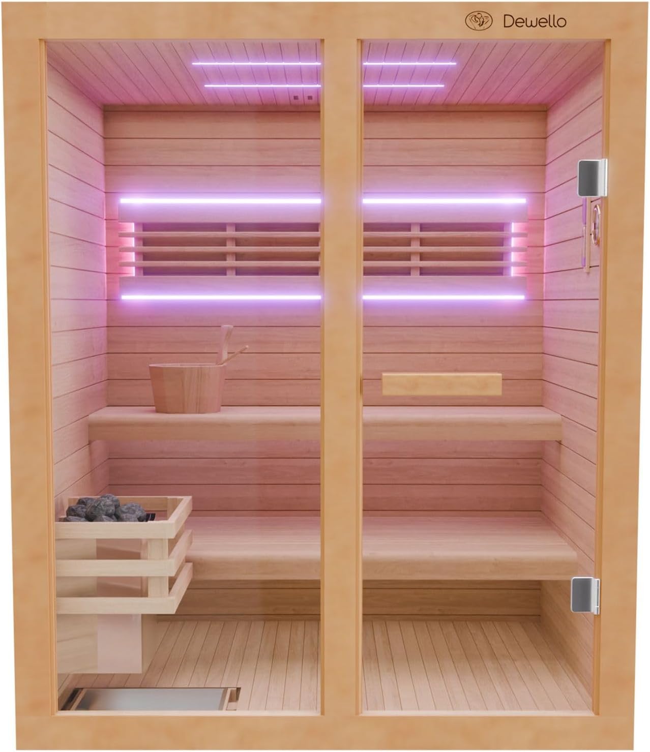 Dewello® Finnische Sauna Tofino 160x150 Kabine aus Hemlock Tannenholz mit 4,5KW HARVIA Ofen 2-3 Personen inkl. Sauna Zubehör