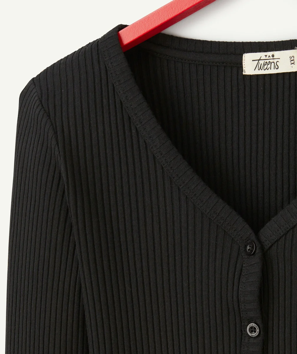 T-SHIRT MANCHES LONGUES FILLE EN FIBRES RECYCLÉES NOIR BOUTONNÉ SUR LE DEVANT