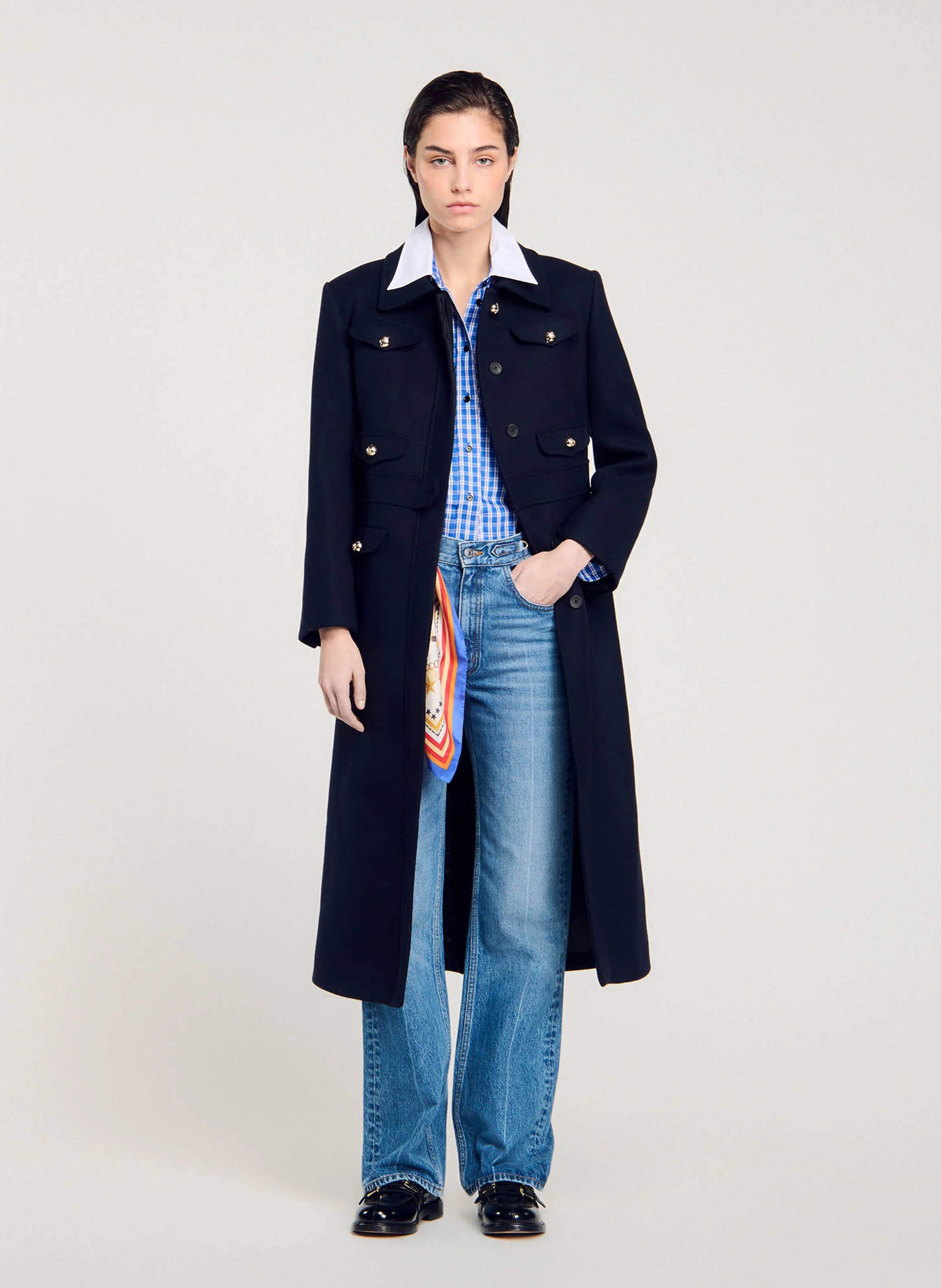 Manteau long cintré en laine mélangée | Bleu