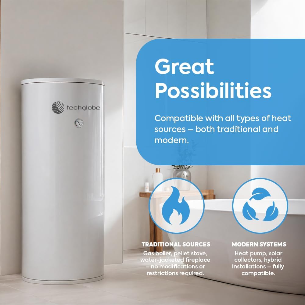 TECHGLOBE - Pufferspeicher aus Edelstahl - 6/4 Zoll Anschlüsse - mit 50 mm Isolierung - Boiler (200 L)