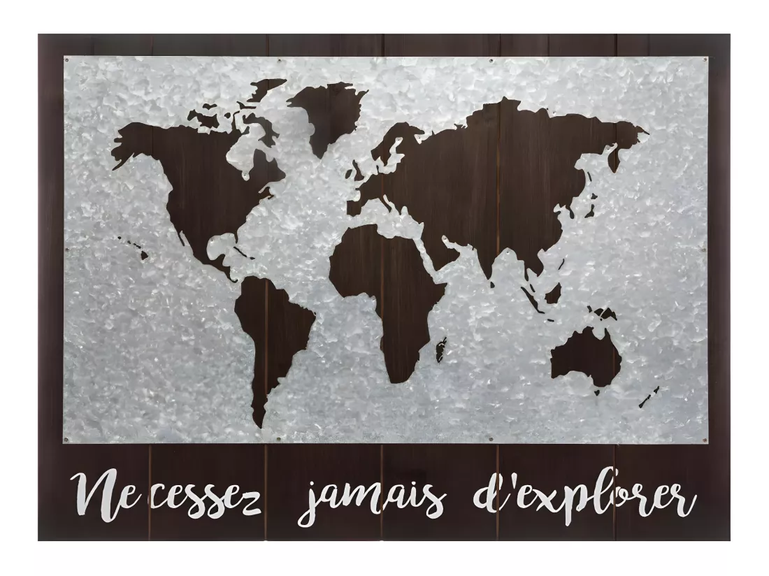 Décoration murale en Bois et Zinc Carte du Monde 78 x 58 cm