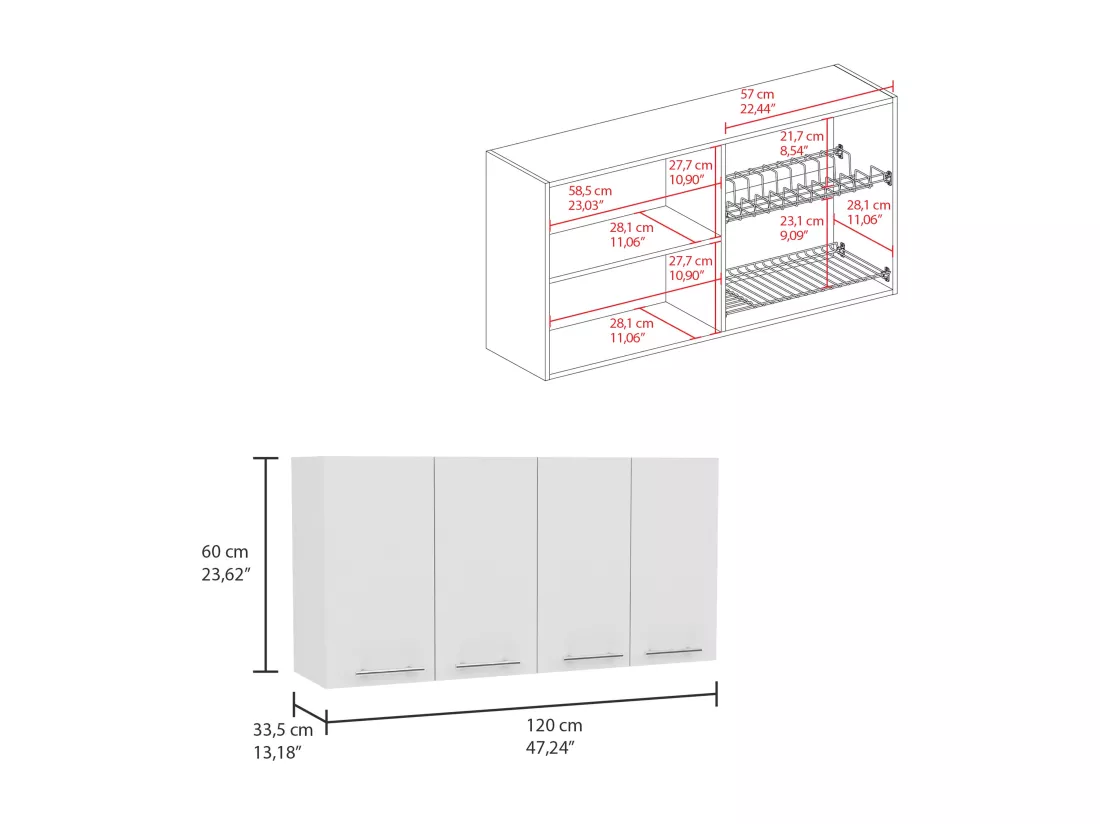 Meuble de cuisine 120 avec quatre portes, deux étagères et rangement pour ustensiles de cuisine , 60 X 120 X 33.5 cm , Blanc