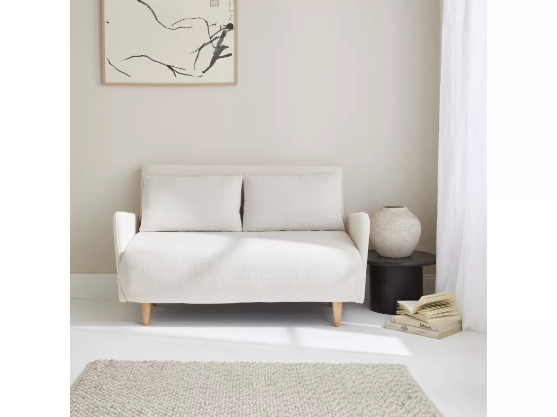 Canapé convertible 2 places scandinave - Panam - pieds bois. bouclettes blanches. banquette. dossier inclinable