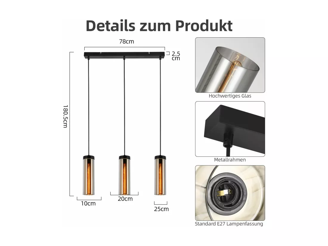 Lampe à Suspension Pour Table à Manger En Verre Noir Mat Rétro 3 Flammes E27