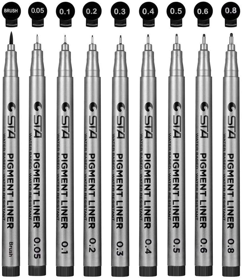 (9er Set) Wasserfeste Filzstifte Pigment Marker Skizzier Stifte Fineliner   Brush Pen - Schwarz