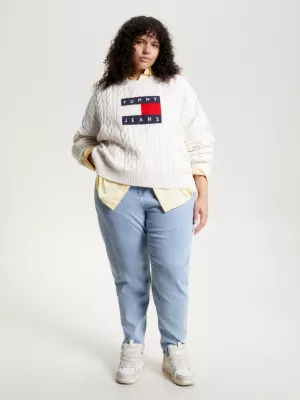 Suéter cropped de tricô com estampa de bandeira curva