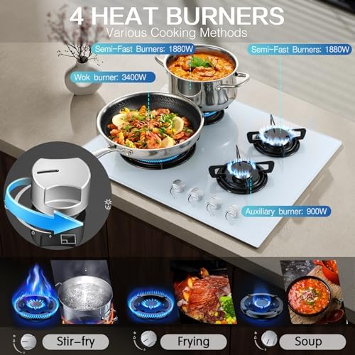 TopStrong Plaque de Cuisson Gaz 4 Feux, 60cm Plaque Gaz 4 Feux avec Sécurité Thermocouple, Cuisinière Encastrable, Naturel/Propane, 8060W, 220 240 V, Verre Noir : Gros électroménager