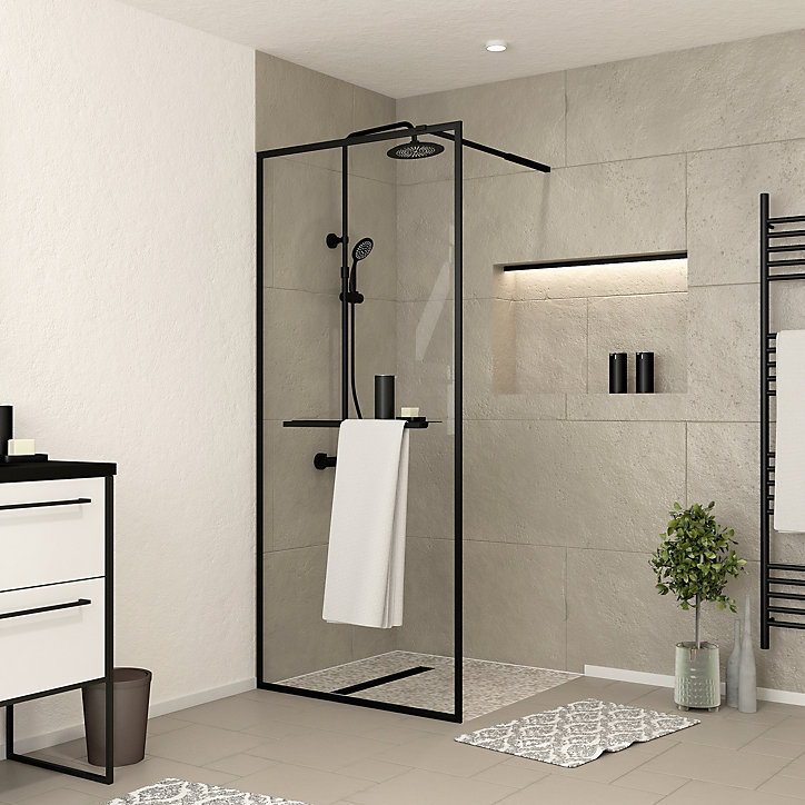 Paroi de douche à l'italienne fixe 100 x 200 cm, noir mat, Galedo Dark Edge Shelf
