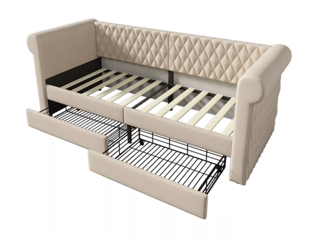 Lit banquette avec 2 tiroirs en tissu lin - 90x200cm - avec sommier à lattes - Beige