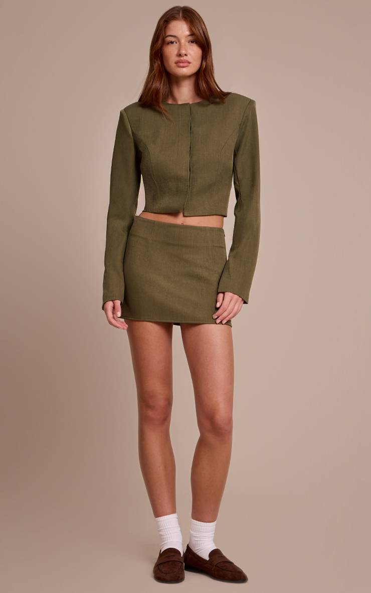 Dark Khaki Blazer Court Ajusté En Tissu Tissé Ensemble Coordonné