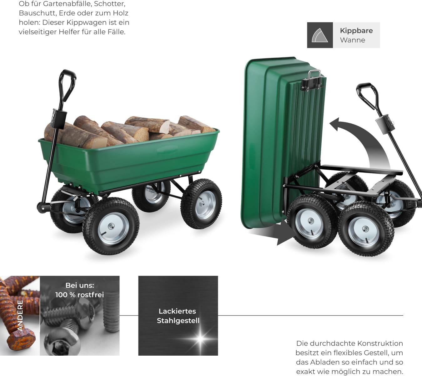 tectake® Bollerwagen, Handwagen, Transporter mit Kippfunktion, Rollwagen mit Lenkachse, Trolley, als Einkaufswagen, Bastelwagen, Transportkarre, Gartenwagen, Einkaufstrolley - Belastbarkeit 300kg