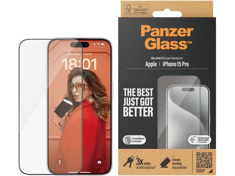 Panzerglass Displayschutz Ultra Wide Fit iPhone 15 Pro Display-Schutzfolie mit Applicator für das Apple iPhone 15 Pro