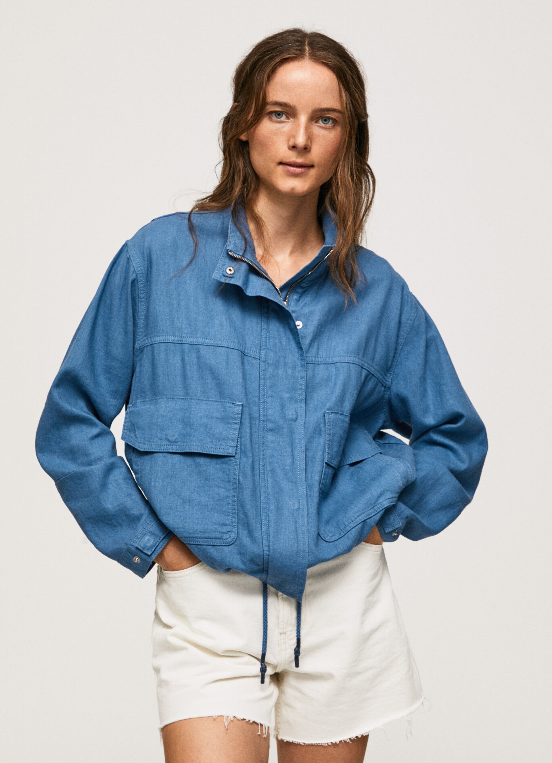 Jaqueta de corte relaxado em linho - azul chambray