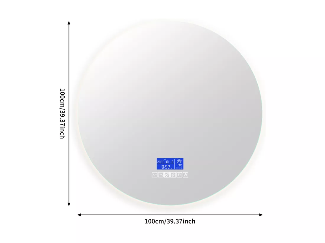 Miroir de salle de bain rond lumineux 100 cm,avec haut-parleur Bluetooth, avec affichage de la température et fonction désembueur, avec éclairage LED, réglage à six boutons, avec interrupteur tactile