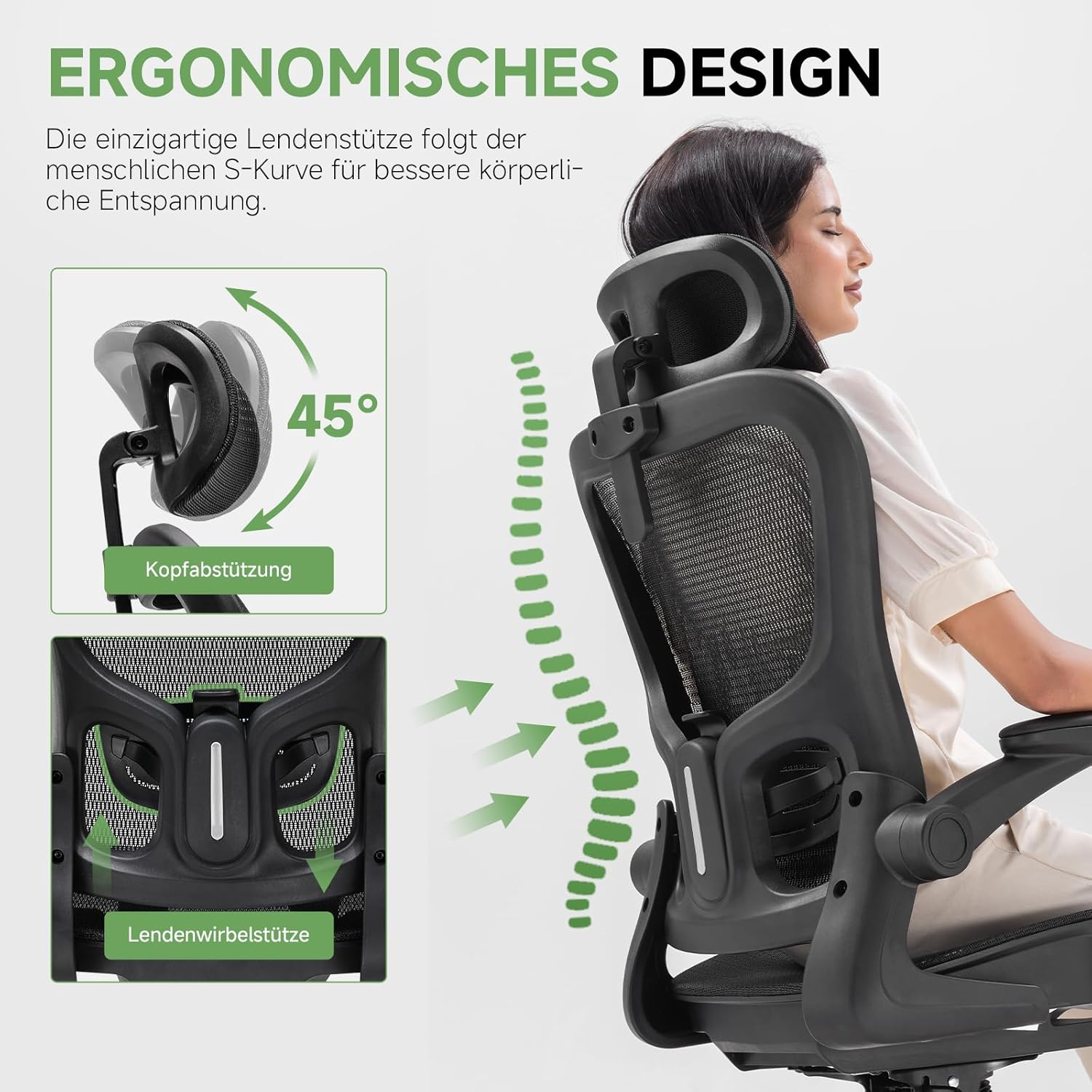 GTPLAYER Bürostuhl Ergonomisch, Schreibtischstuhl mit Verstellbarer Kopfstütze, Armlehnen, Lendenwirbelstütze, Büro Stuhl & Gaming Stuhl Wippfunktion, Chefsessel aus Mesh, 150kg(Schwarz)