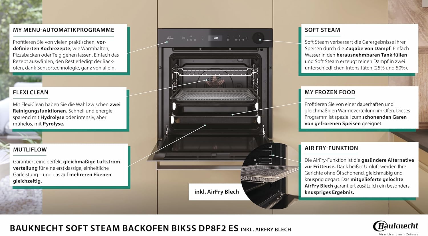 Bauknecht BIK5S DP8F2 ES Einbau Dampf-Backofen/Soft Steam/FlexiClean-Hydrolyse und-oder Pyrolyse/AirFry-Funktion inkl. Blech/Multiflow/MyMenu/ 2-fach Teilauszug/Energieklasse A+