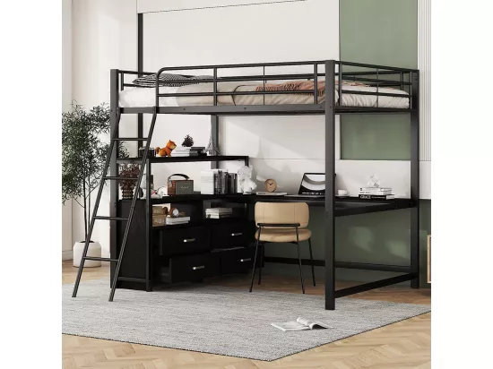 Lit mezzanine enfant 140x200 lit à cadre en fer tiroirs pratiques bureau élégant en L design stratifié Noir