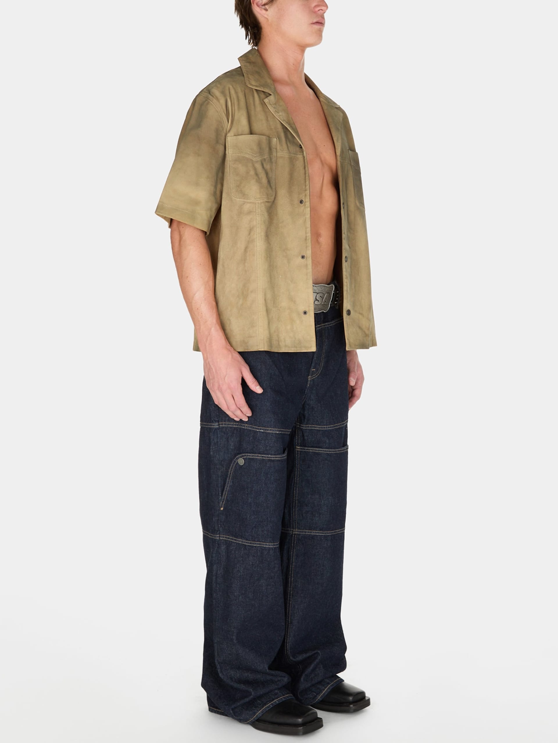 calça utilitária de brim lavado
