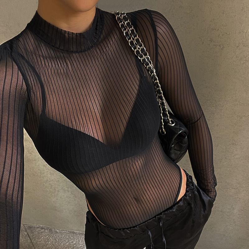 Epoch - Lange mouwen, effen mesh body top met nephals
